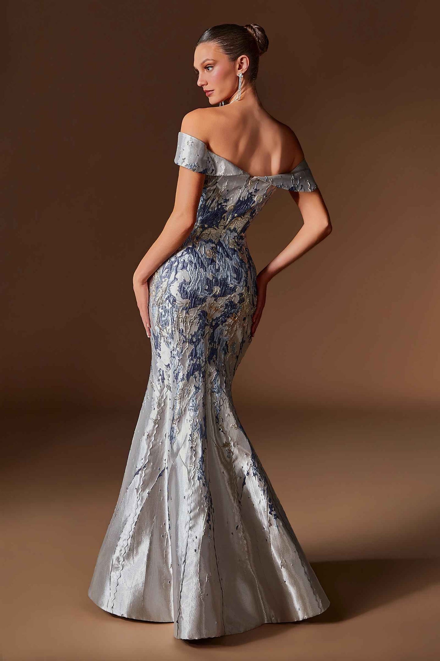 Metallic Jacquard Off Shoulder Fitted Mermaid Gown