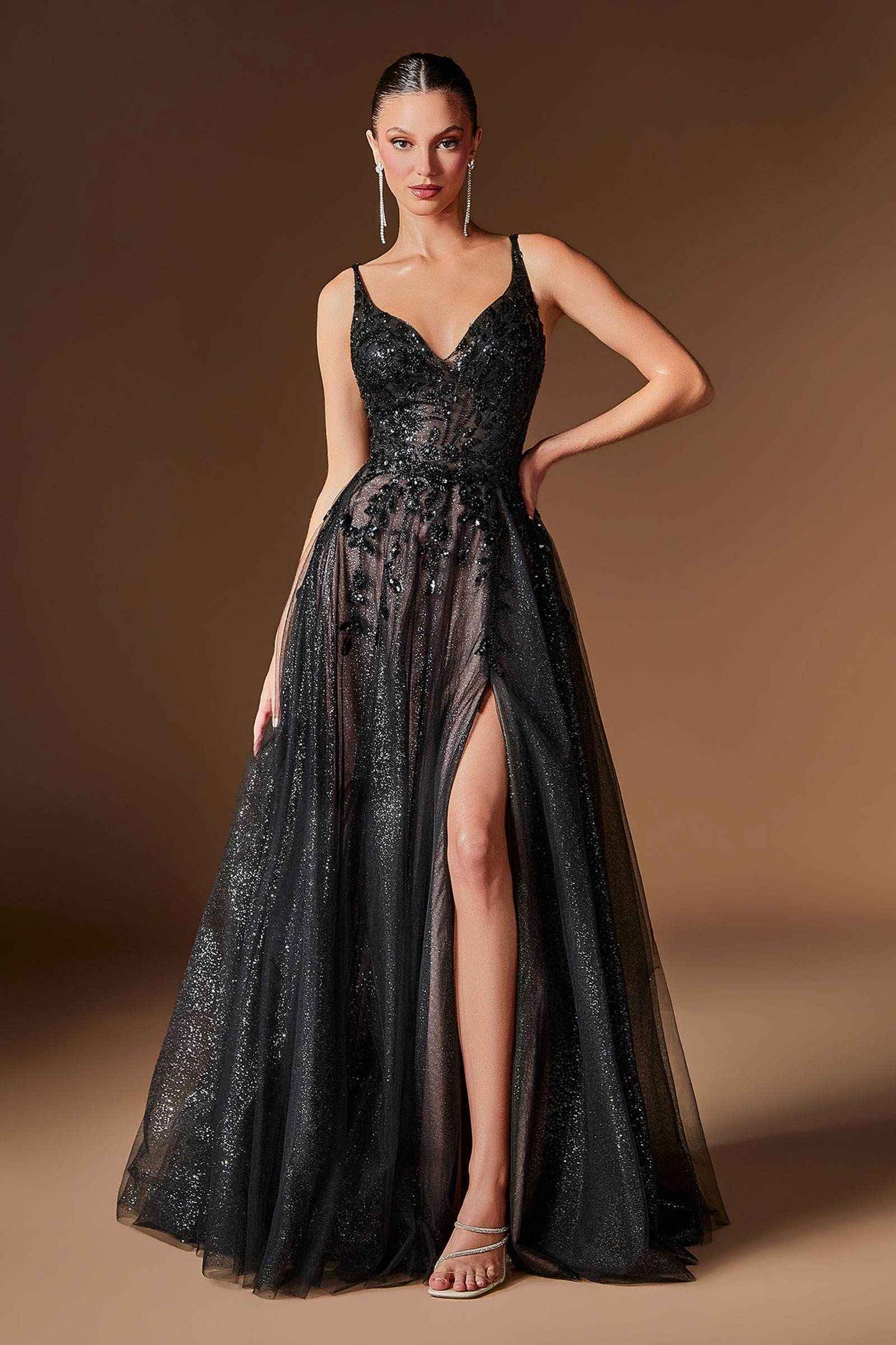 Magical A-Line Floral Applique Glitter Tulle Gown