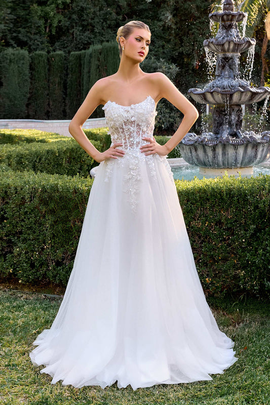 Sweetheart Neck 3D Floral Applique A-Line Strapless Gown