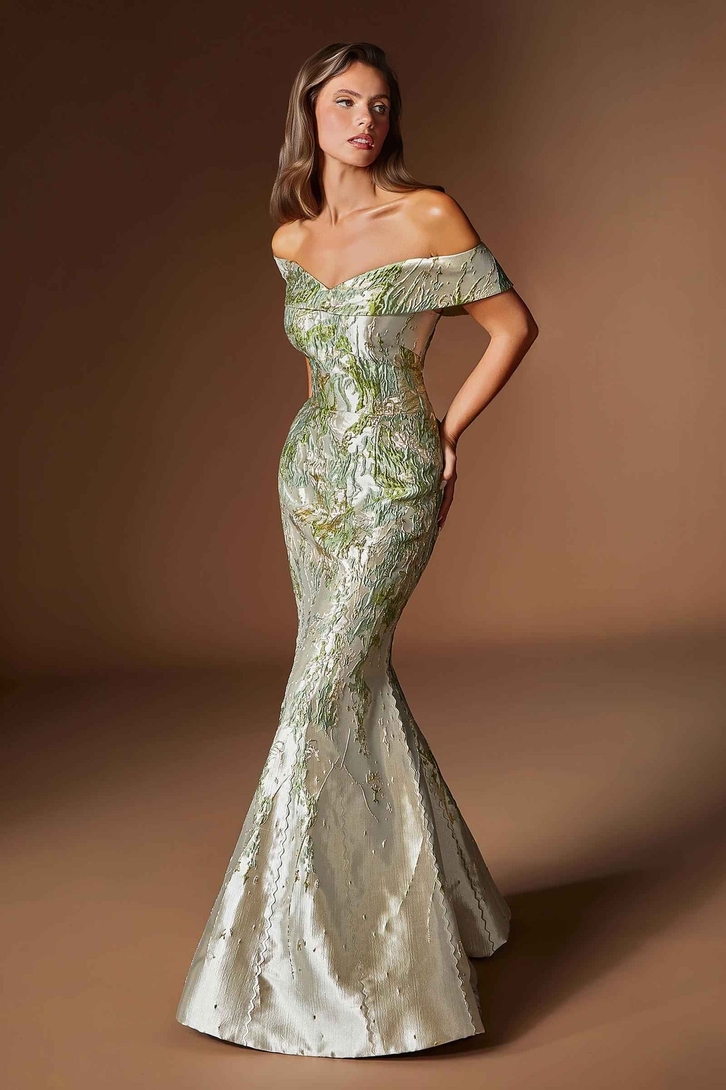Metallic Jacquard Off Shoulder Fitted Mermaid Gown