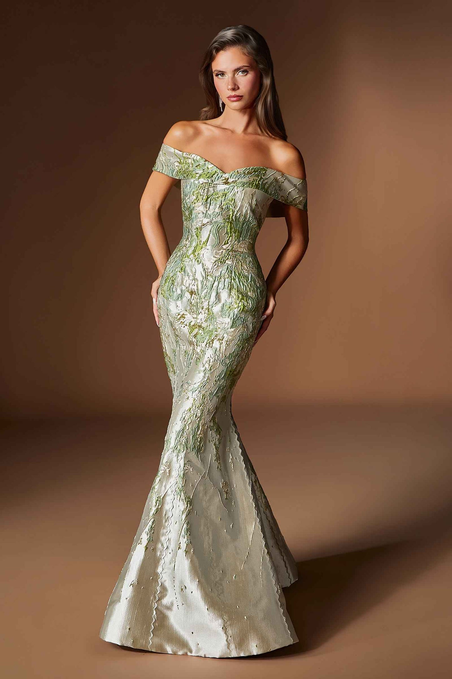 Metallic Jacquard Off Shoulder Fitted Mermaid Gown