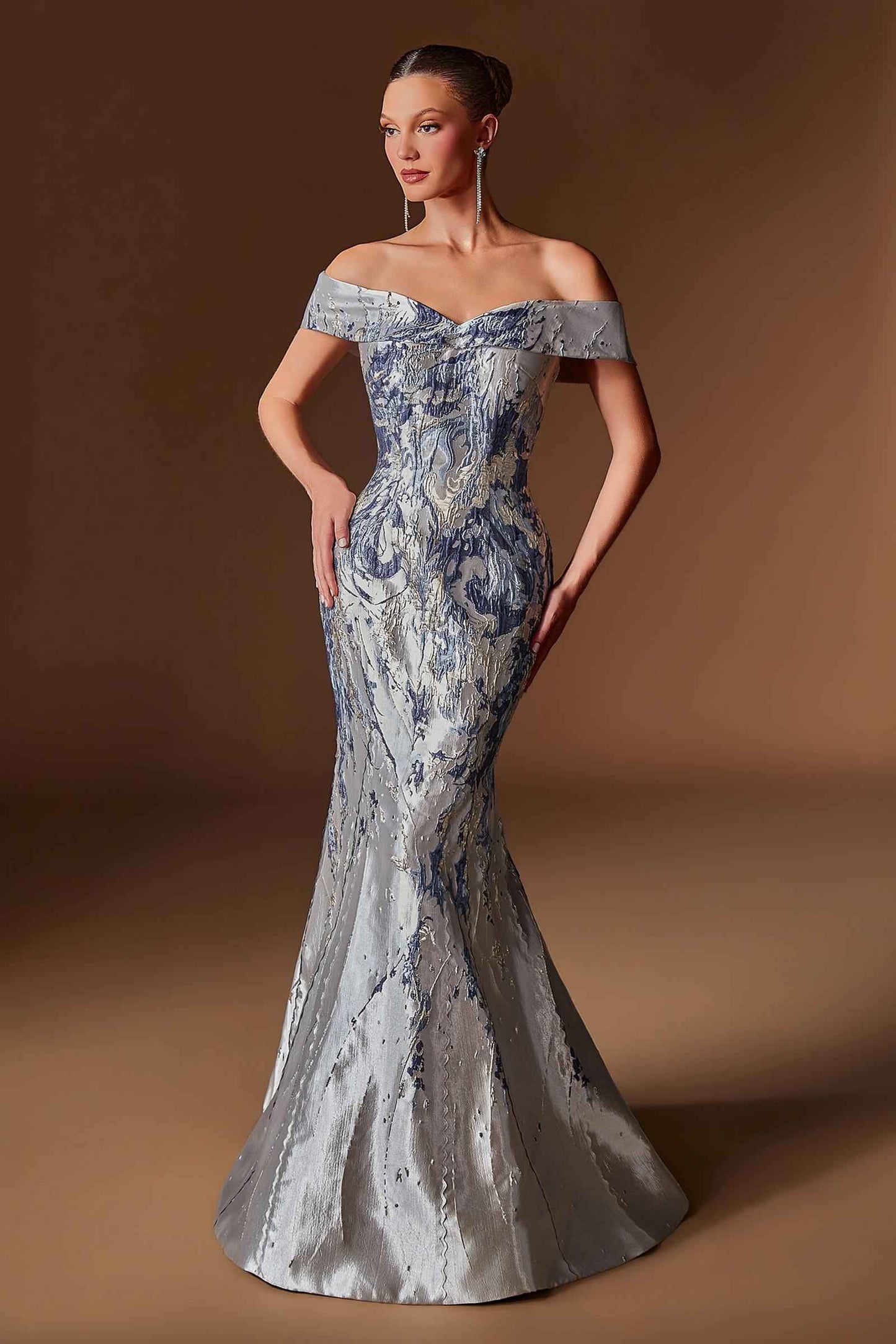 Metallic Jacquard Off Shoulder Fitted Mermaid Gown
