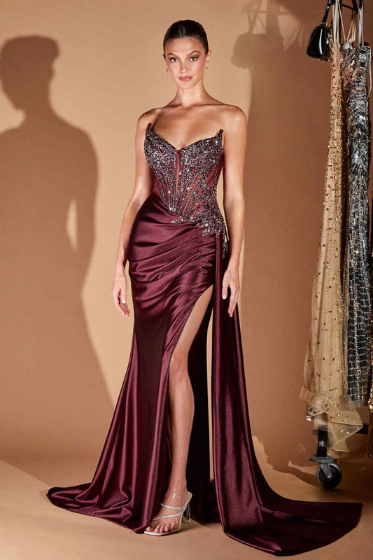 Elegant Strapless Satin Fitted Evening Gown