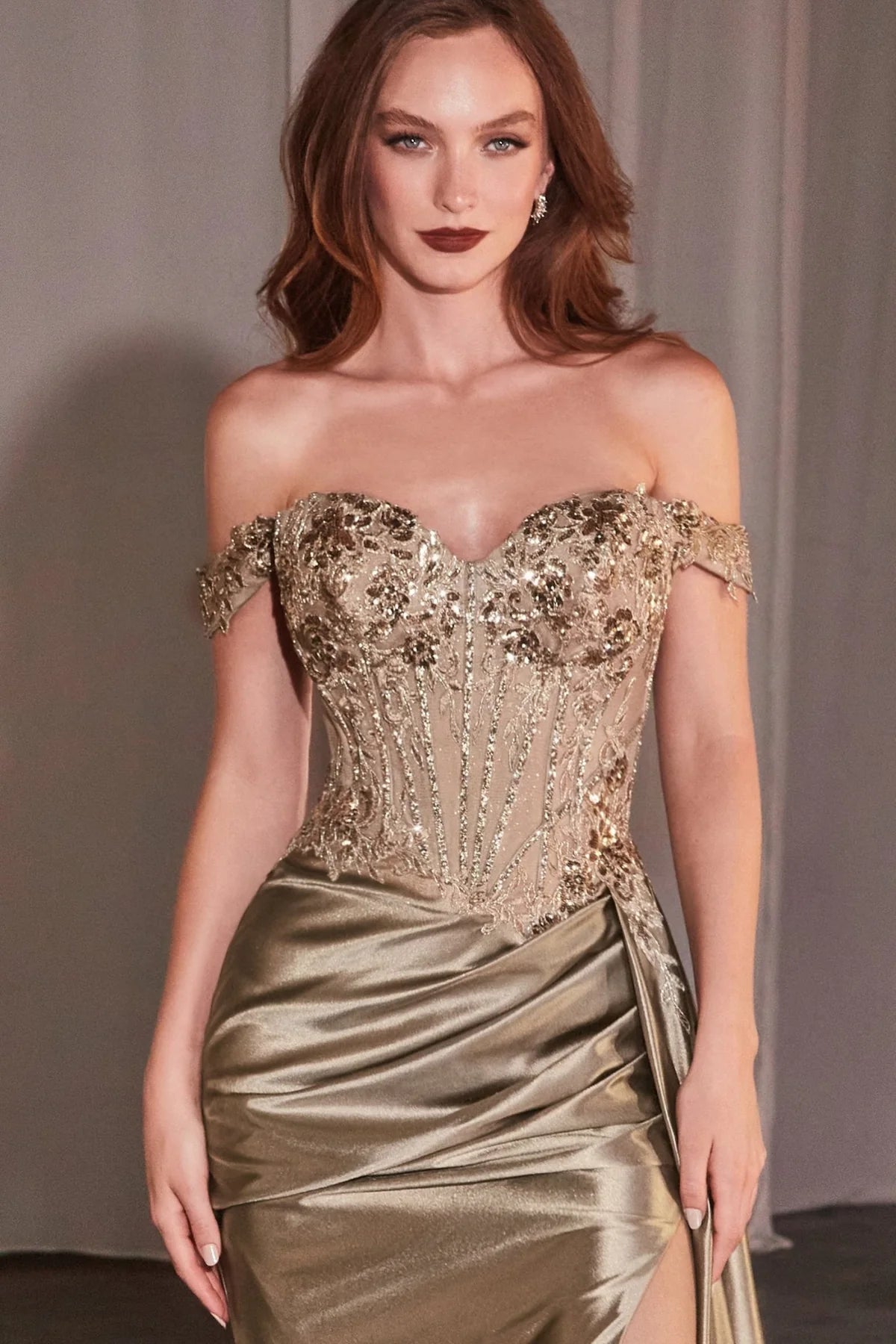 Applique Off Shoulder Slit Gown