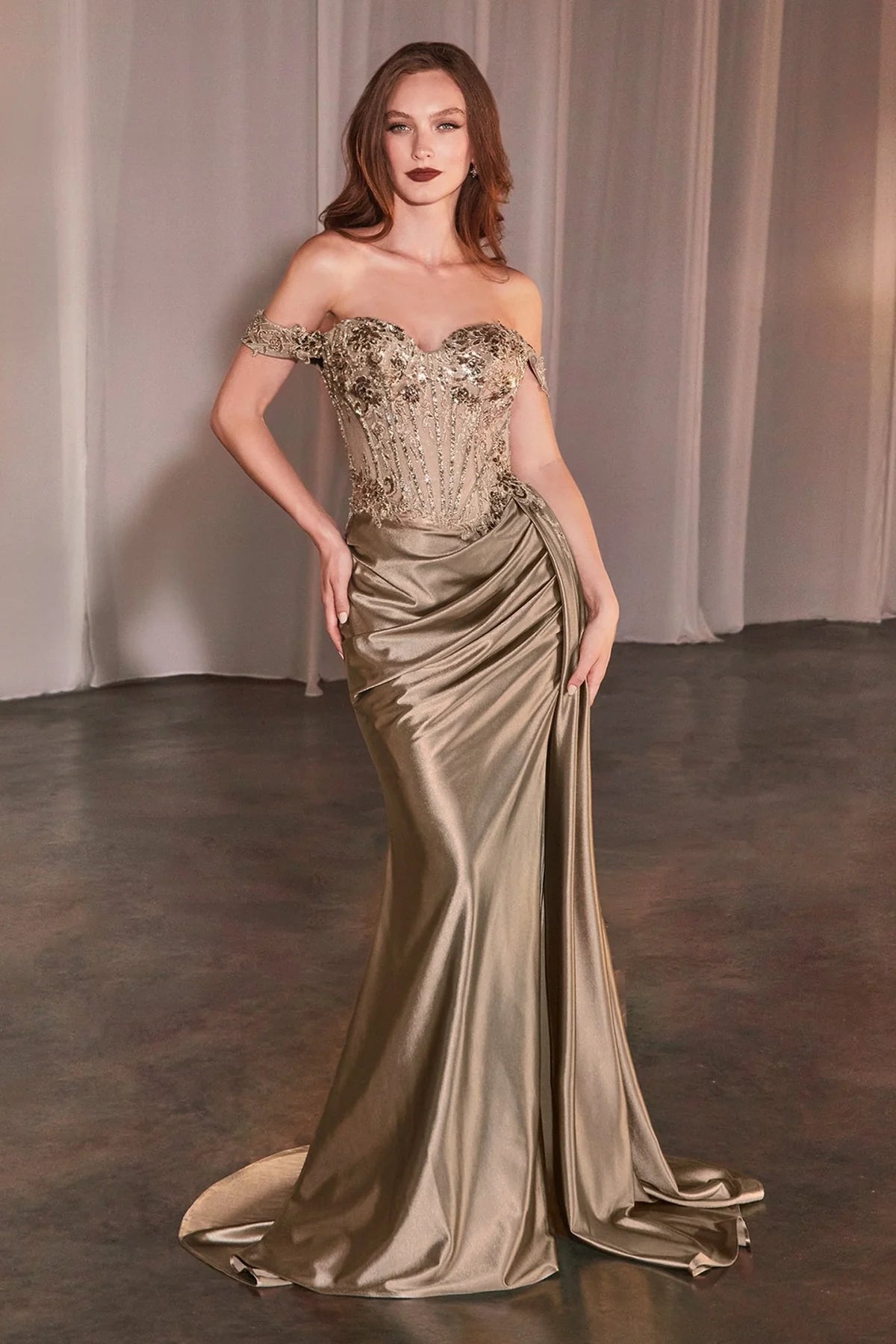 Applique Off Shoulder Slit Gown