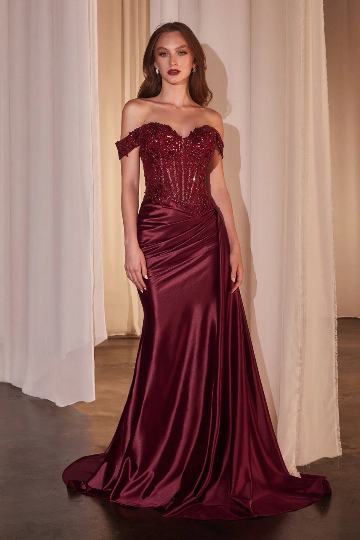 Applique Off Shoulder Slit Gown