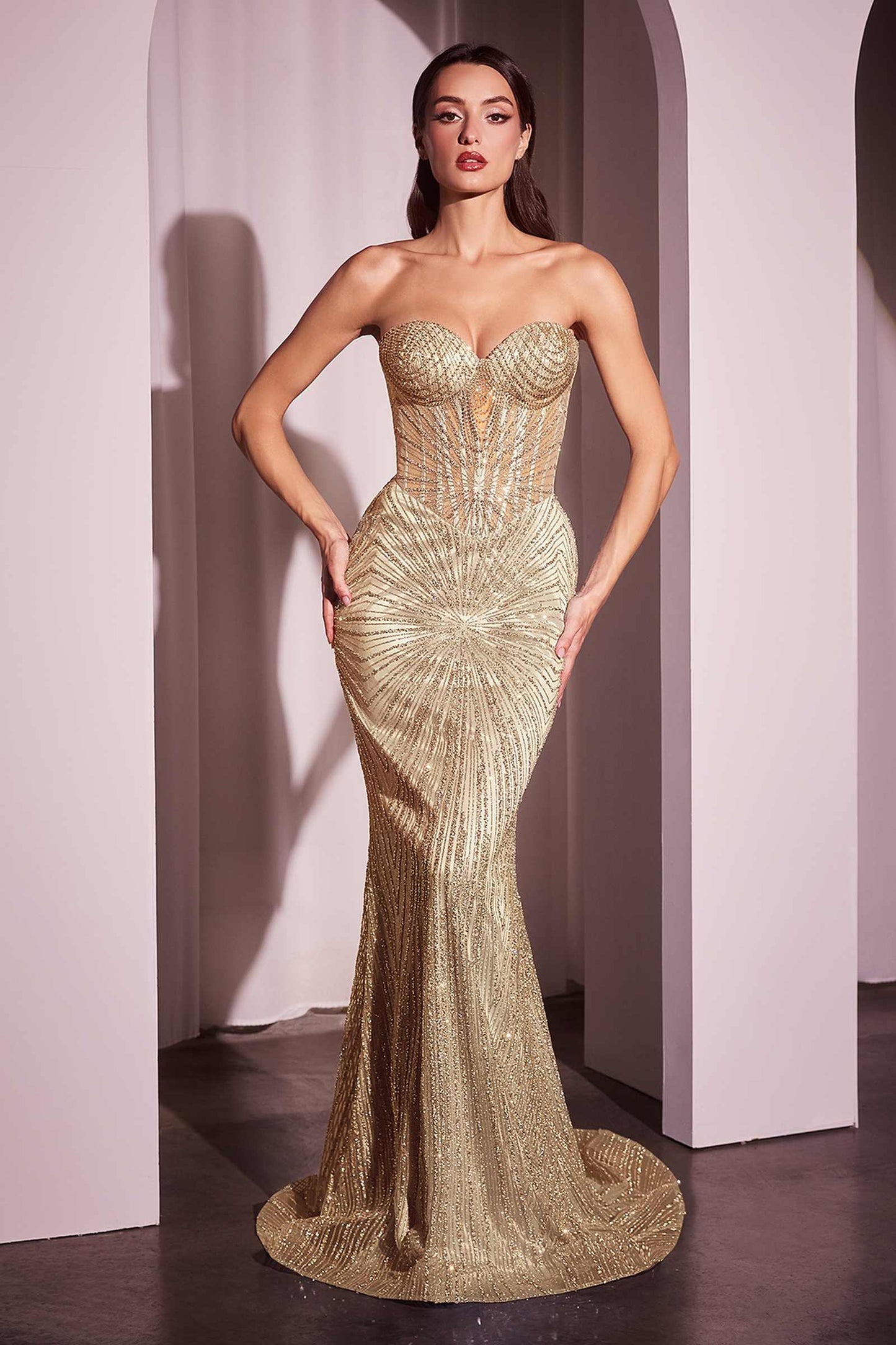 Long Sultry Fitted Strapless Gold Gown