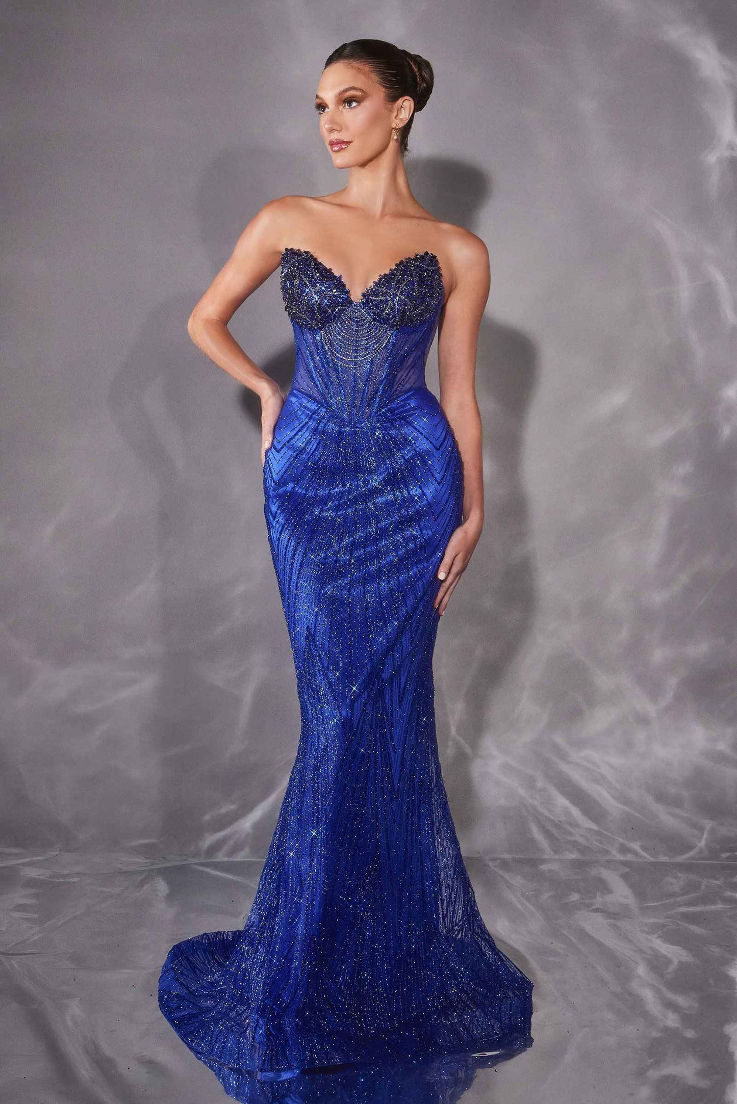 Lavish Crystal Encrusted Sheer Corset Bodice Fitted Gown