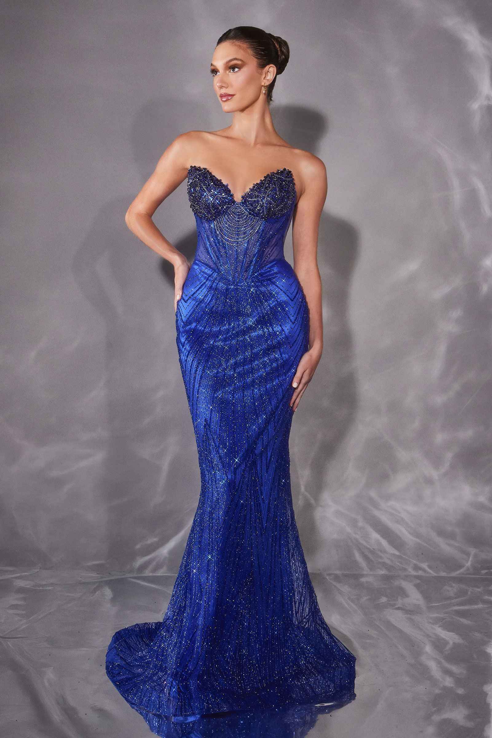 Lavish Crystal Encrusted Sheer Corset Bodice Fitted Gown