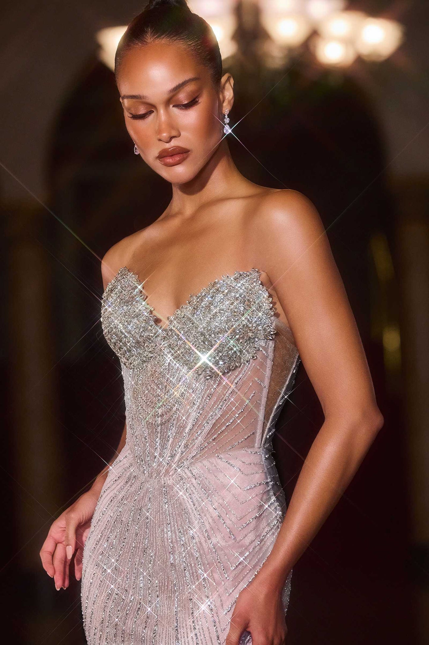 Lavish Crystal Encrusted Sheer Corset Bodice Fitted Gown