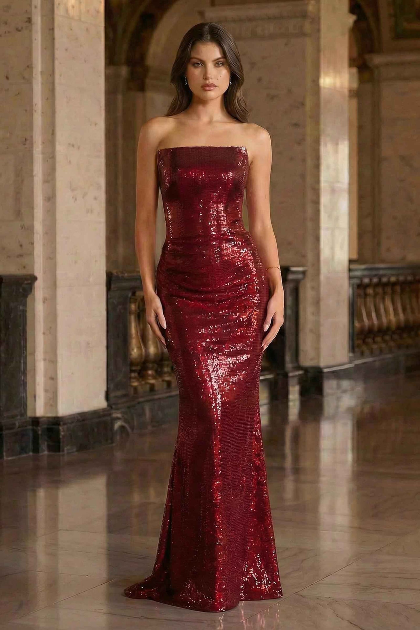 Strapless Sequin Fitted Gown Formal Evening Dress