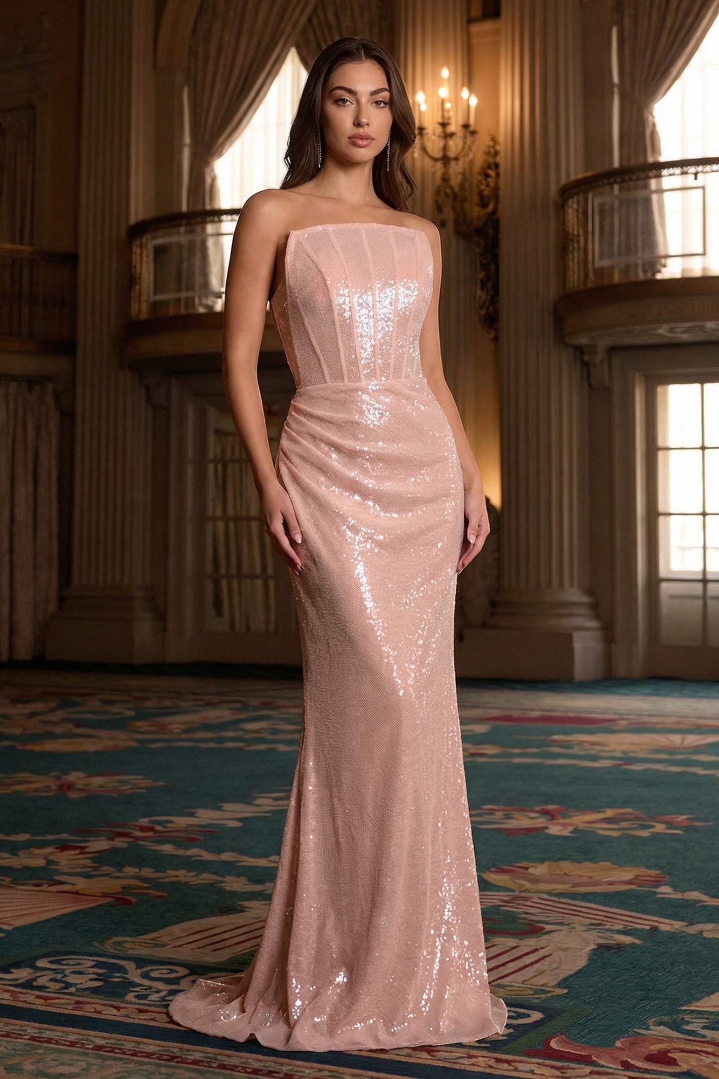 Strapless Sequin Fitted Gown Formal Evening Dress